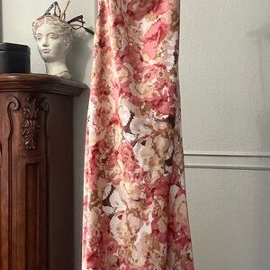 Romantic Floral Satin Slip Dress | Cowl Neck | Side Slit Midi